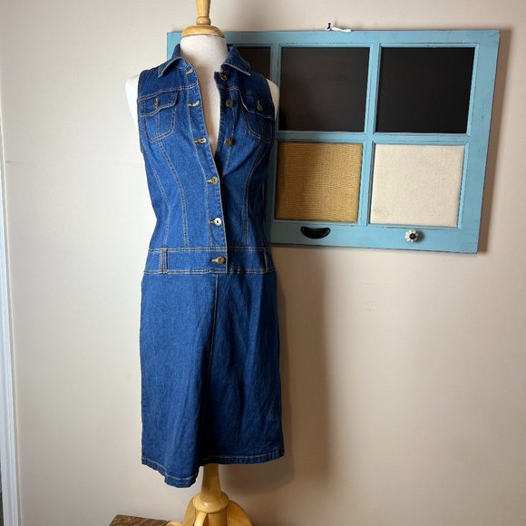 Monroe and Main Denim Dress Sz S Drop Waist Stretch Polyester Spandex - Picture 2 of 4